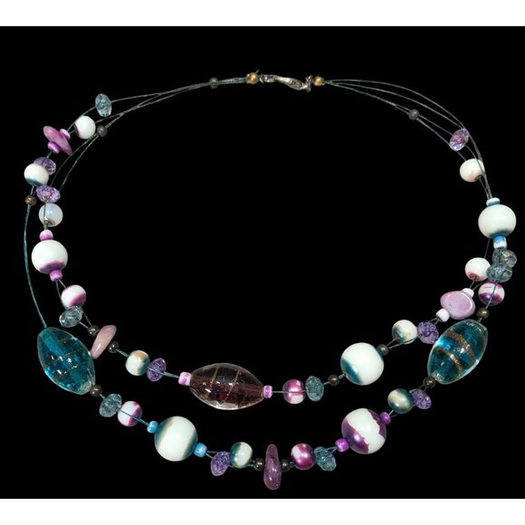 Whimsical Candycore Blue And Purple Glass Beaded Necklace - Picture 1 of 7